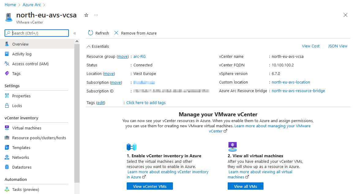 vCenter details in Azure Portal