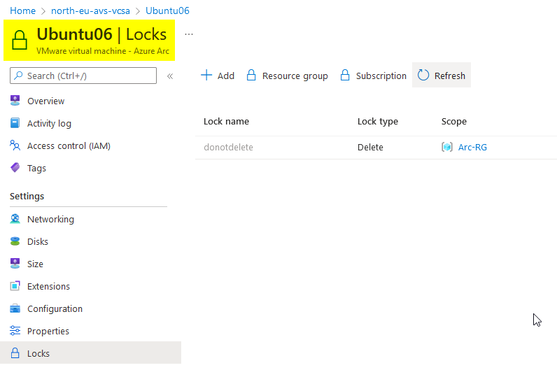Delete lock applied to a VMware resource