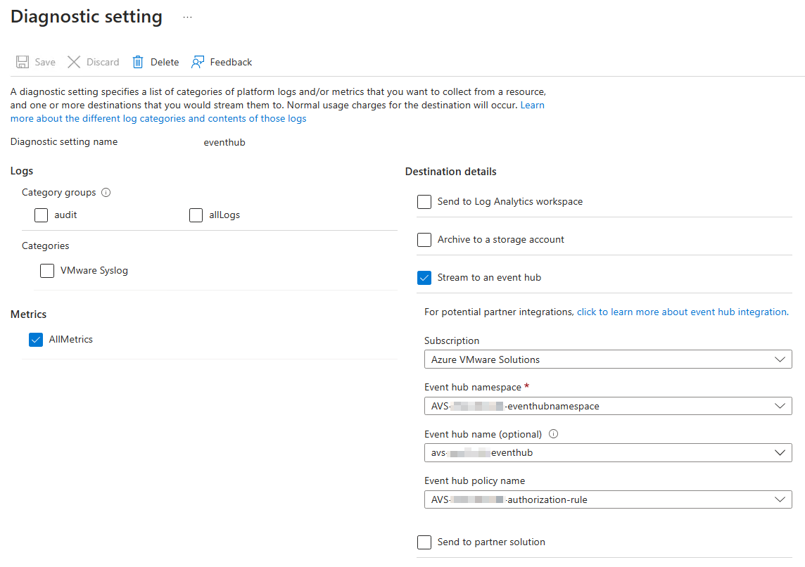 Azure VMware Solution: Configure diagnostic settings to send metrics to an Event Hub instance::picture-border