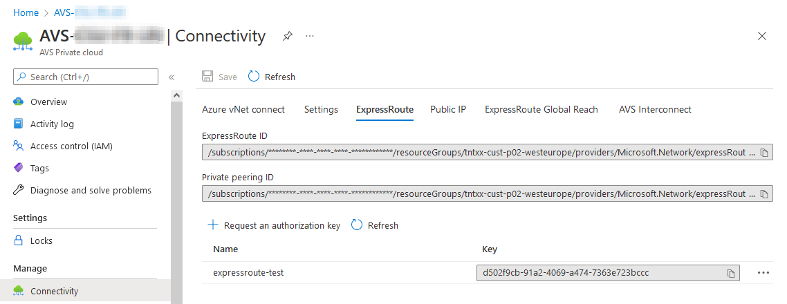 AVS ExpressRoute authorization from the Azure portal