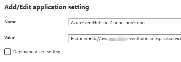 Add new application setting with event hub connection string::picture-border