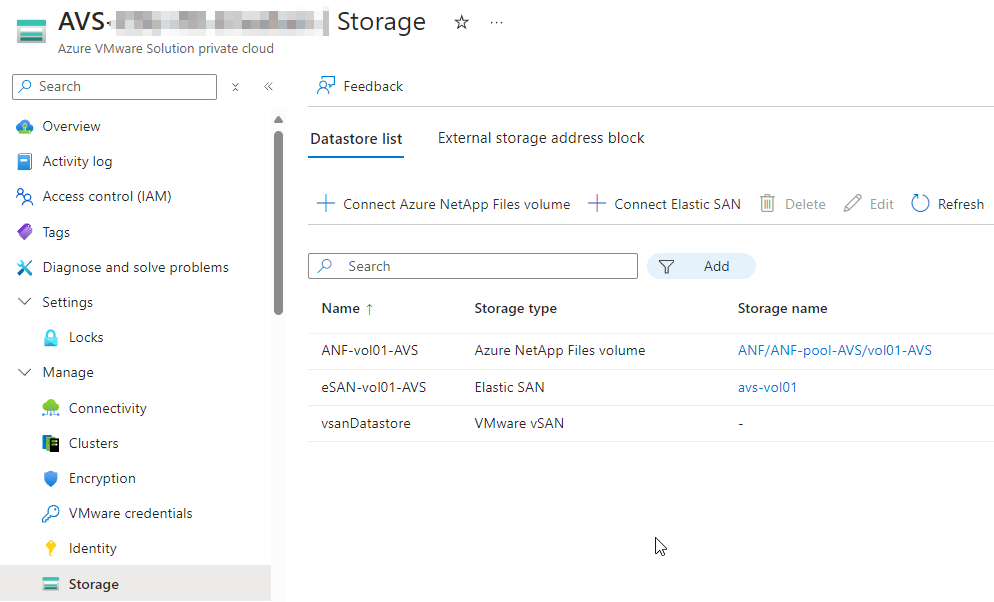 Mounted Elastic SAN volume on AVS: from Azure Portal::picture-border