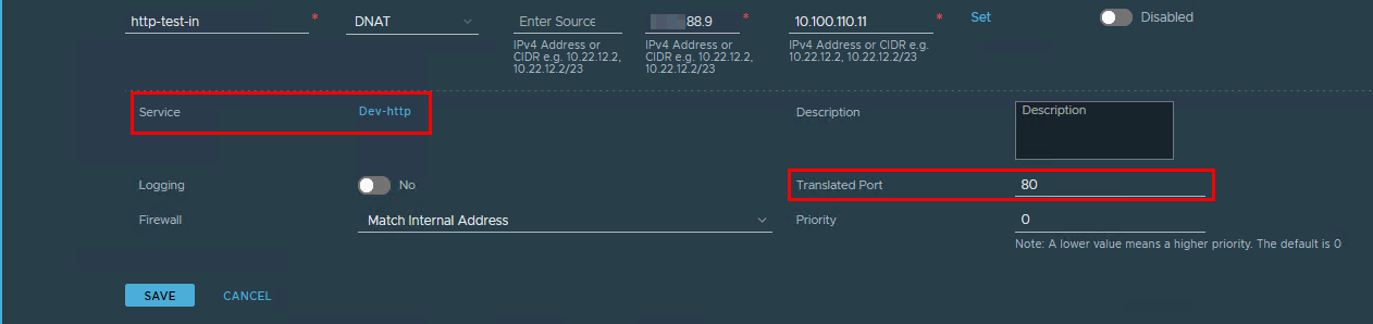 Create a NSX-T DNAT rule to enable inbound internet connectivity with port redirection